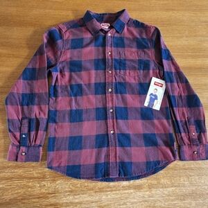 🟣NWT Wrangler Boys Long Sleeve Flannel Button Down Shirt In Blue And Red Plaid